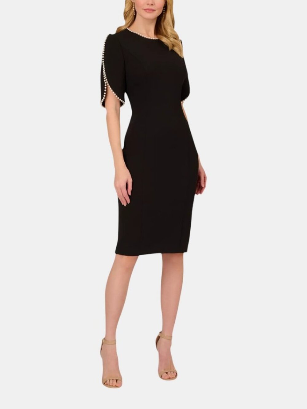 ADRIANNA PAPELL WOMEN'S KNIT CREPE PEARL TRIM MIDI DRESS BLACK NWOT SIZE 14